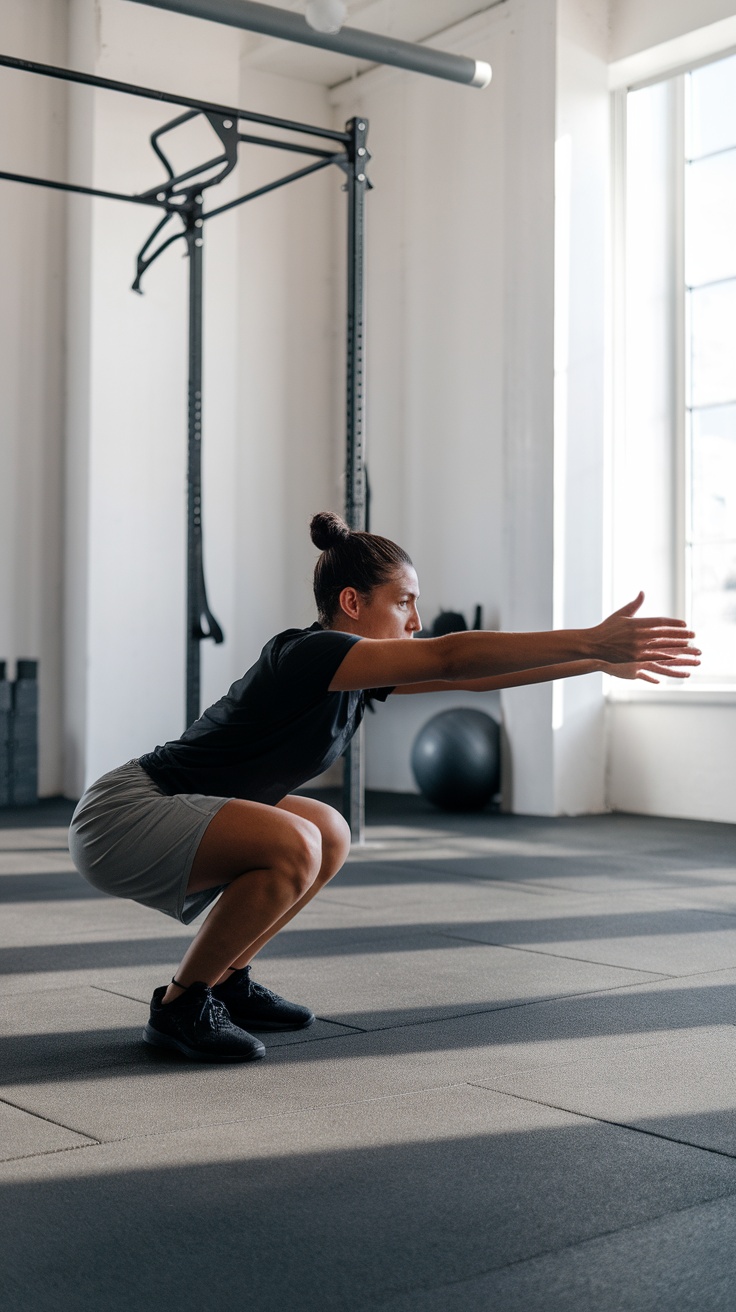 A person performing a bodyweight squat in a gym setting.