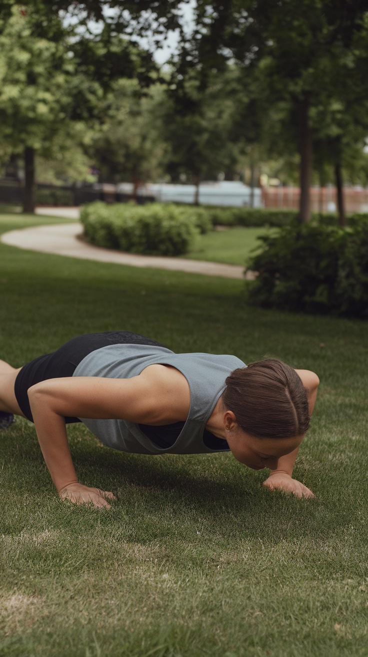 A person doing push-ups on a grassy field in a park.