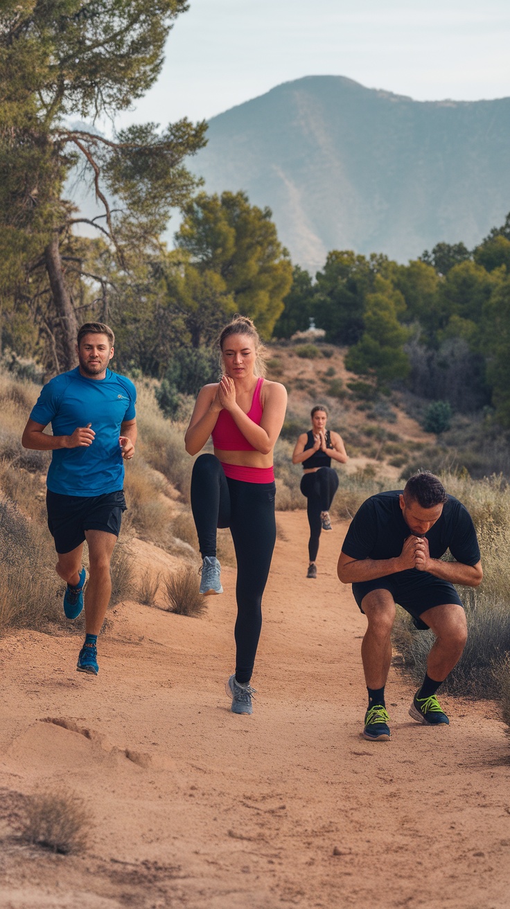 A group of four people doing cardio workouts outdoors on a sandy path, surrounded by trees and mountains.