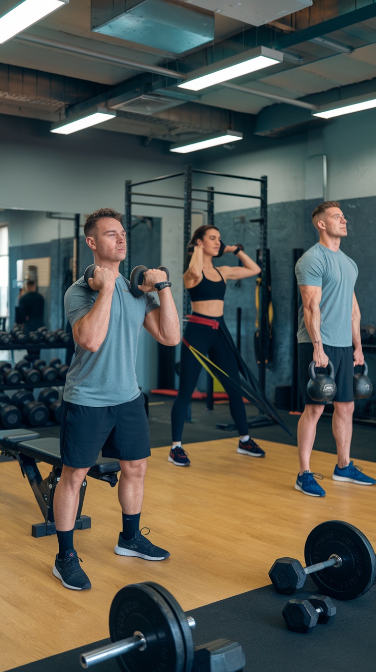 A fitness class showcasing functional training exercises with dumbbells and resistance bands.