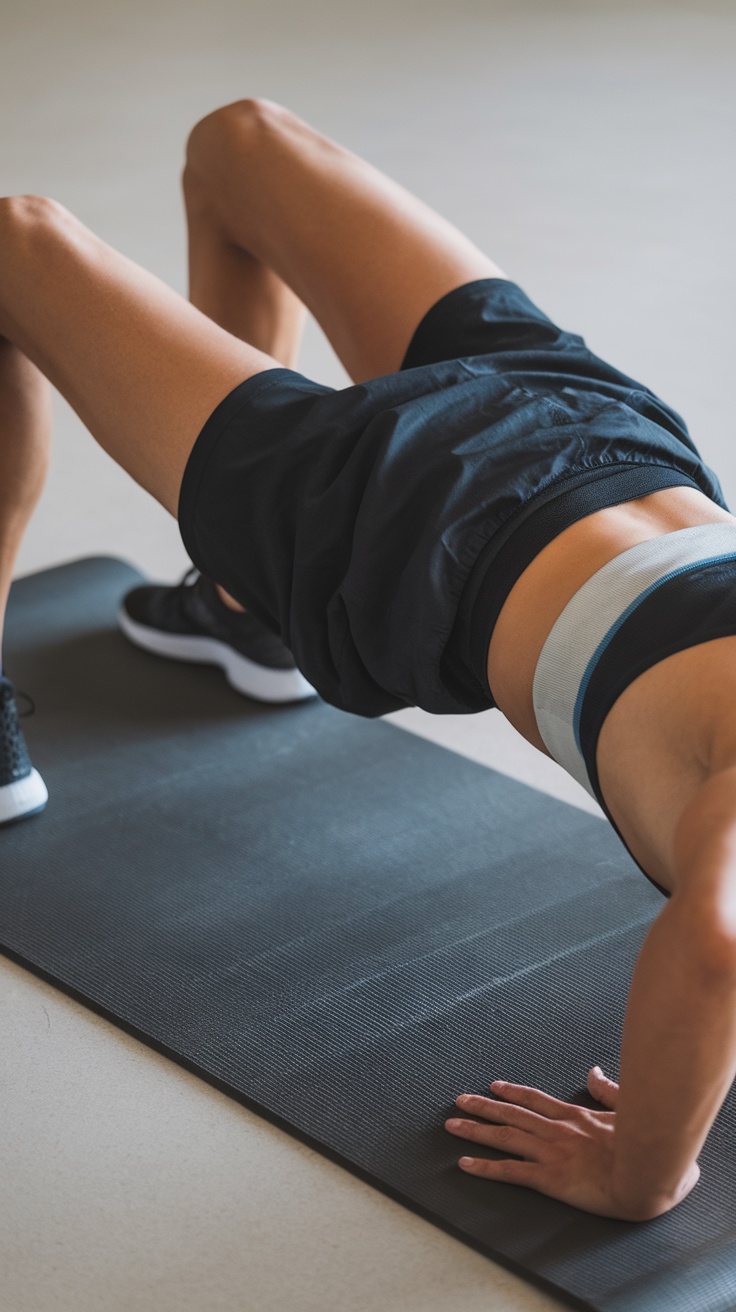 Person performing a glute bridge exercise on a yoga mat with a resistance band around their thighs.