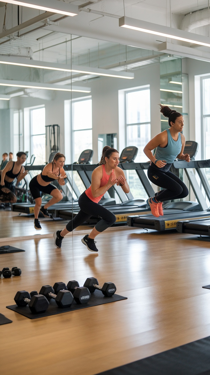 A group of women participating in a HIIT workout in a modern gym environment.