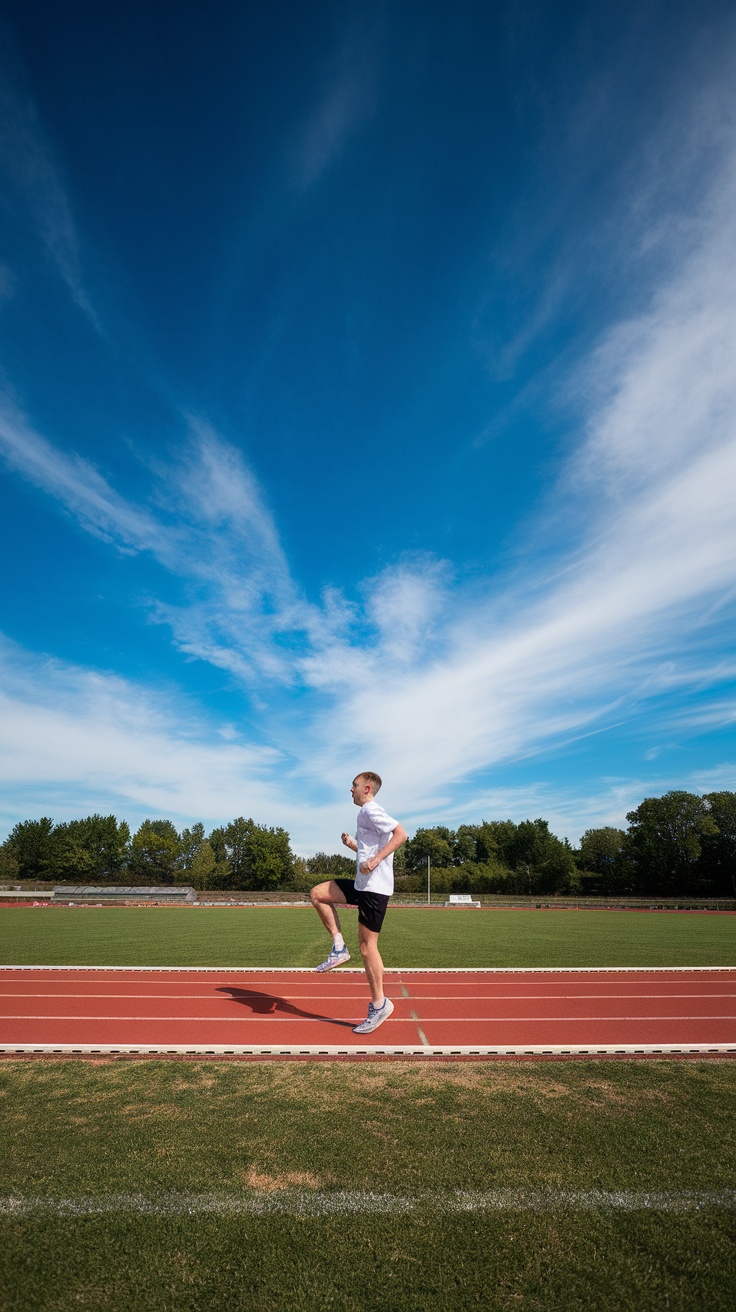 A person performing high knees on a track under a clear blue sky