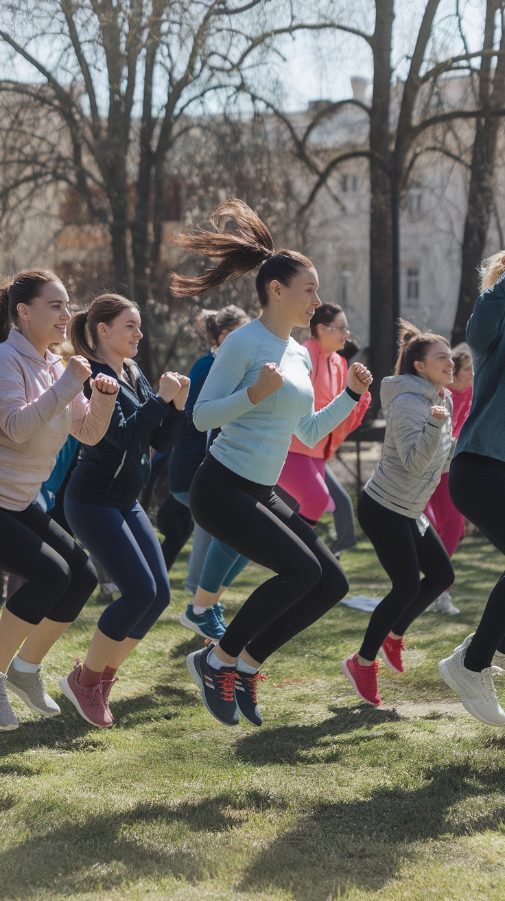 A group of women performing jumping jacks in a park, showcasing an energetic cardio workout.