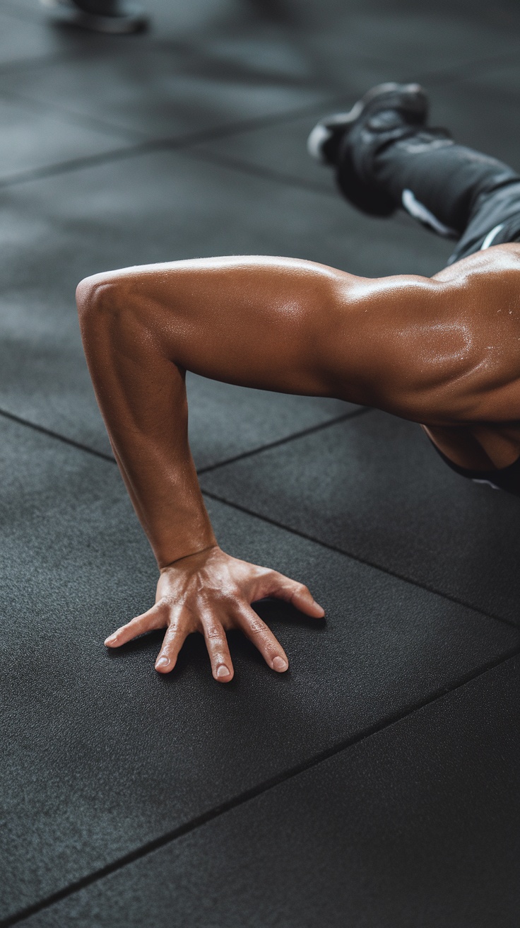 A close-up view of a person doing a push-up, showcasing muscle engagement