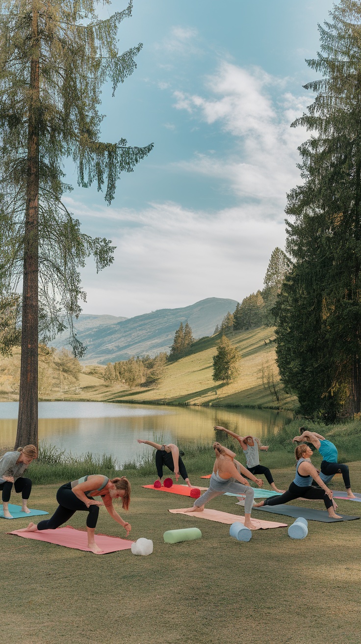 Group of people practicing recovery workouts in a serene outdoor setting by a lake.