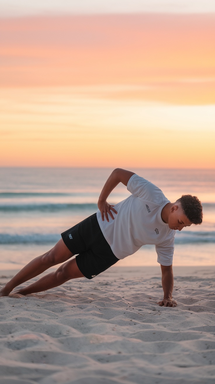 A person doing a side plank on the beach during sunset, focusing on core engagement.