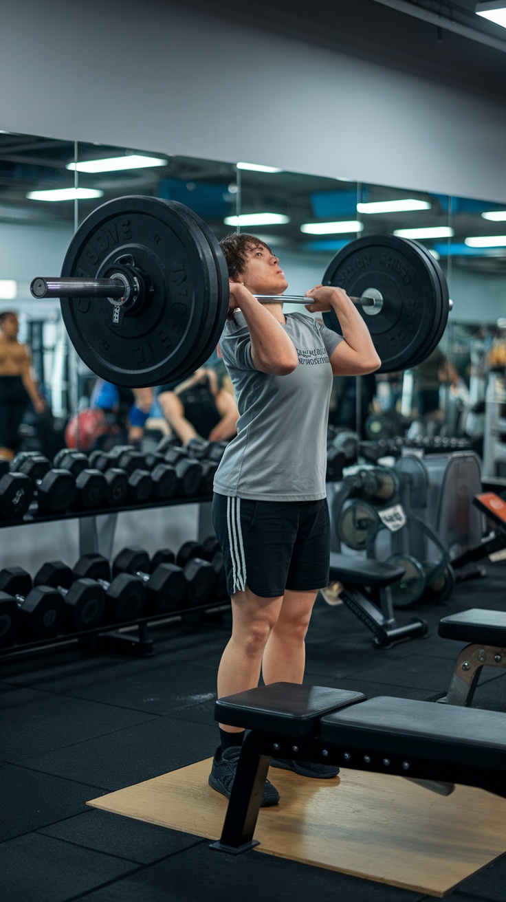 Individual lifting a barbell overhead in a gym setting, demonstrating strength training.