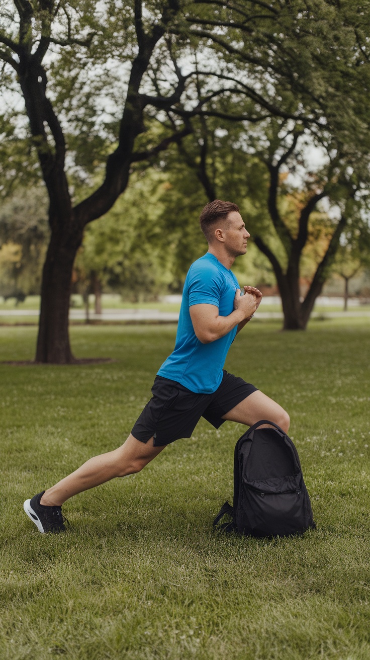 A person performing walking lunges in a park, showcasing proper form and focus.