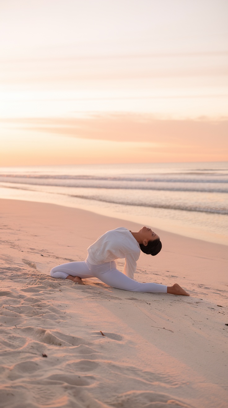 A person practicing yoga stretches on a beach during sunset